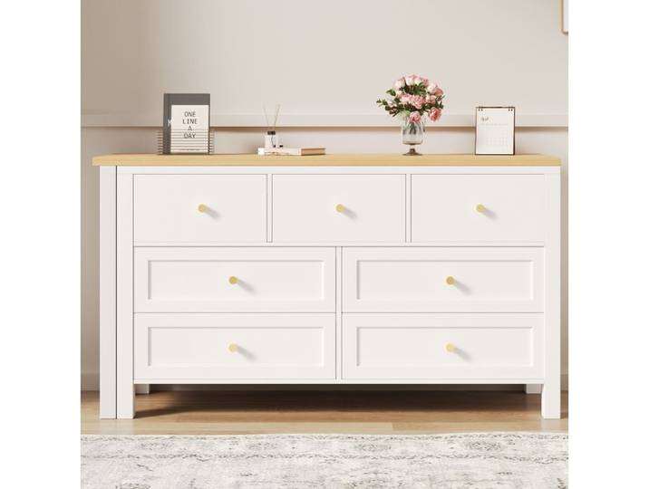 WOVREO Bureau rotatif 360° avec commode 7 tiroirs 120x40x70 cm blanc et aspect chêne