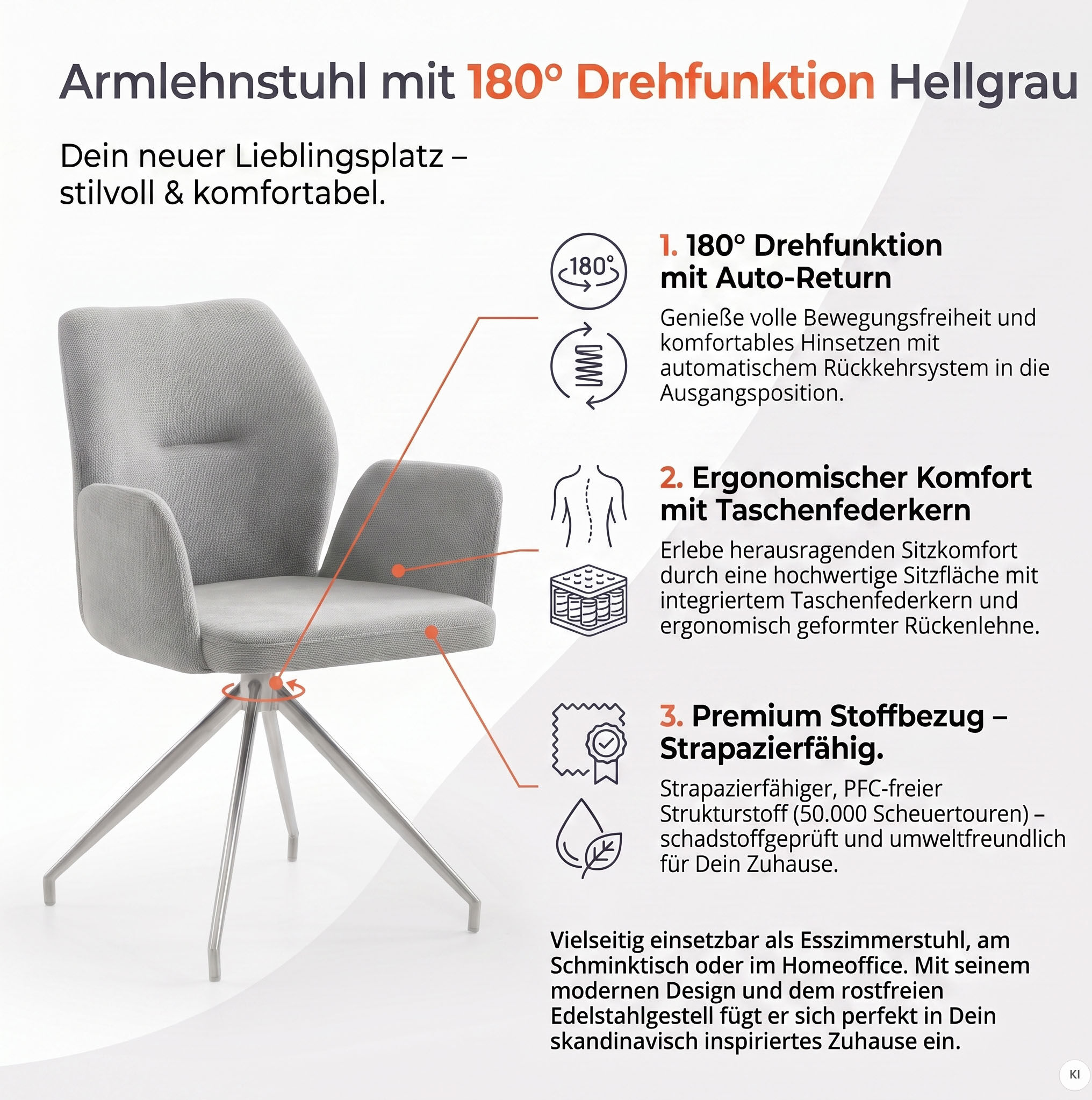 Esszimmerstuhl SALESFEVER "Taormina Armlehnstuhl mit silbernem Edelstahlgestell", beige (hellgrau silber, silber), B:60cm H:89cm T:62cm, Metall, Polyester, Stühle, Esszimmerstuhl, Esszimmersessel, 180 Drehfunktion, Gestell aus rostfreiem Edelstahl hellgra
