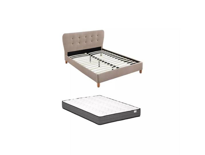 Vente-unique - Polsterbett 140 x 190 cm mit gestepptem Kopfteil + Matratze - Stoff - Beige - ELIDE, 140X190CM