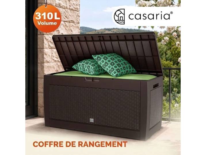 Coffre de Rangement CASARIA Brun Aspect Polyrotin 310L - 119x48x60 cm Roulettes et Poignées Intégrées Malle de Rangement Extérieur