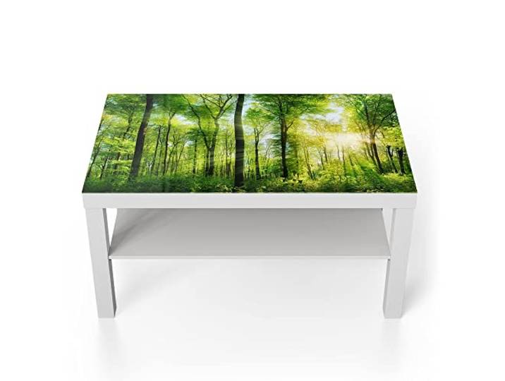 DEQORI Glastisch weiß groß 90x50 cm Motiv Sonne durchbricht Wald ausgefallener Beistelltisch aus Glas Hochglanz Couchtisch fürs Wohnzimmer moderner Couch Tisch mit Design