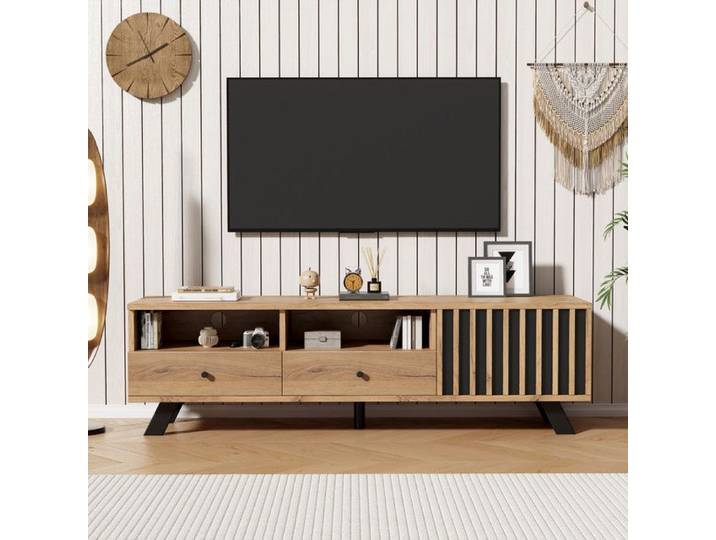 Meuble TV - Bois Naturel - 150cm - 2 Tiroirs - 1 Placard - Pour TV 60 pouces