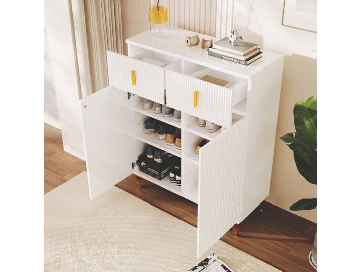 Armoire à chaussures 83x35x101 cm avec tiroirs Meuble a chaussures avec étagères réglables Meuble entree avec ornements dorés