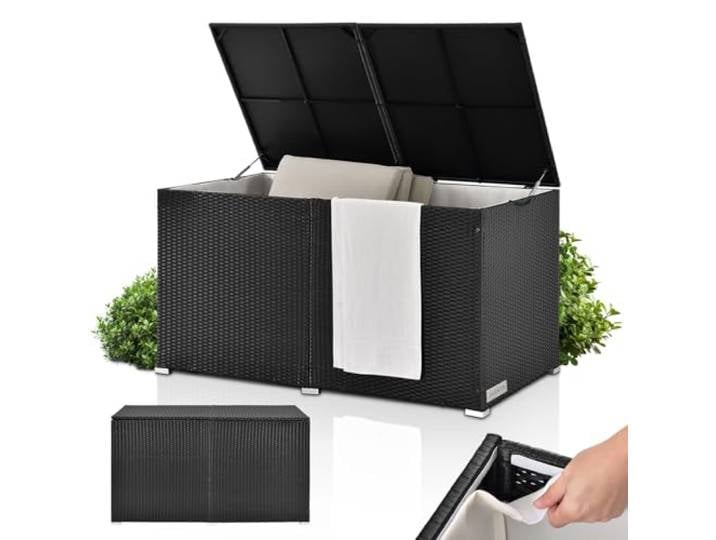 Juskys Boîte de rangement en polyrotin Ikaria avec couvercle à levage automatique & bâche intérieure - boîte à coussins 145 x 82 x 79 cm pour jardin - Noir
