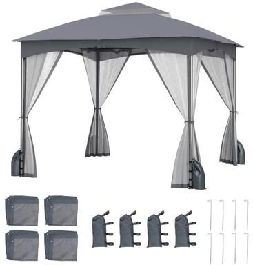 Costway 10 X 10 FT Heavy-Duty Patio Gazebo with Netting Walls and 4 Sandbags-Gray