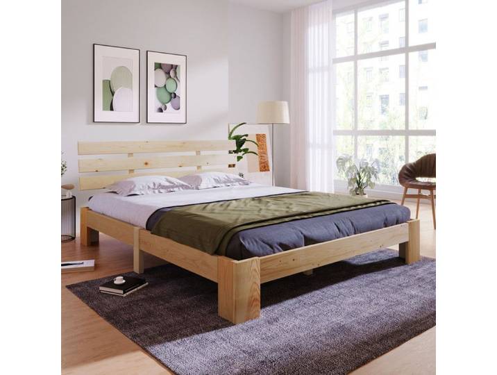 Lit double 140x200 cm Lit adulte Lit en bois avec tête de lit en cadre de Sommier à lattes Bois massif Lit en pin