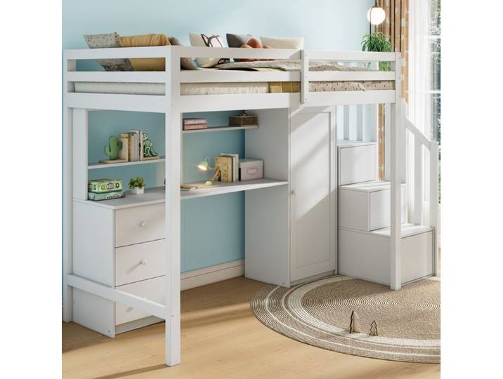 Lit mezzanine enfant AESVAR avec bureau et armoire 90x200 cm bois blanc sommier inclus