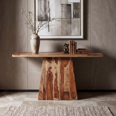 Taran Designs Jordan Solid Sheesham Wood Console Table with Geometric Pedestal Base