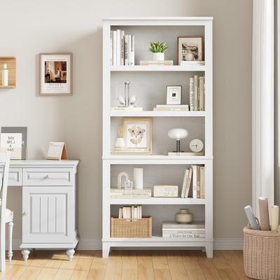 "Garvee 71"" Tall 5-Tier Bookcase w/Adjustable Shelves, 31.5in Width Farmhouse Wooden Bookshelf"