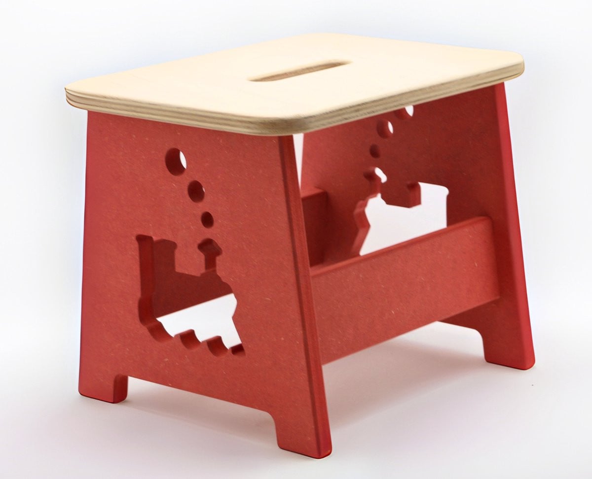Houten kinderkruk en opstapje met treinmotief - Rood