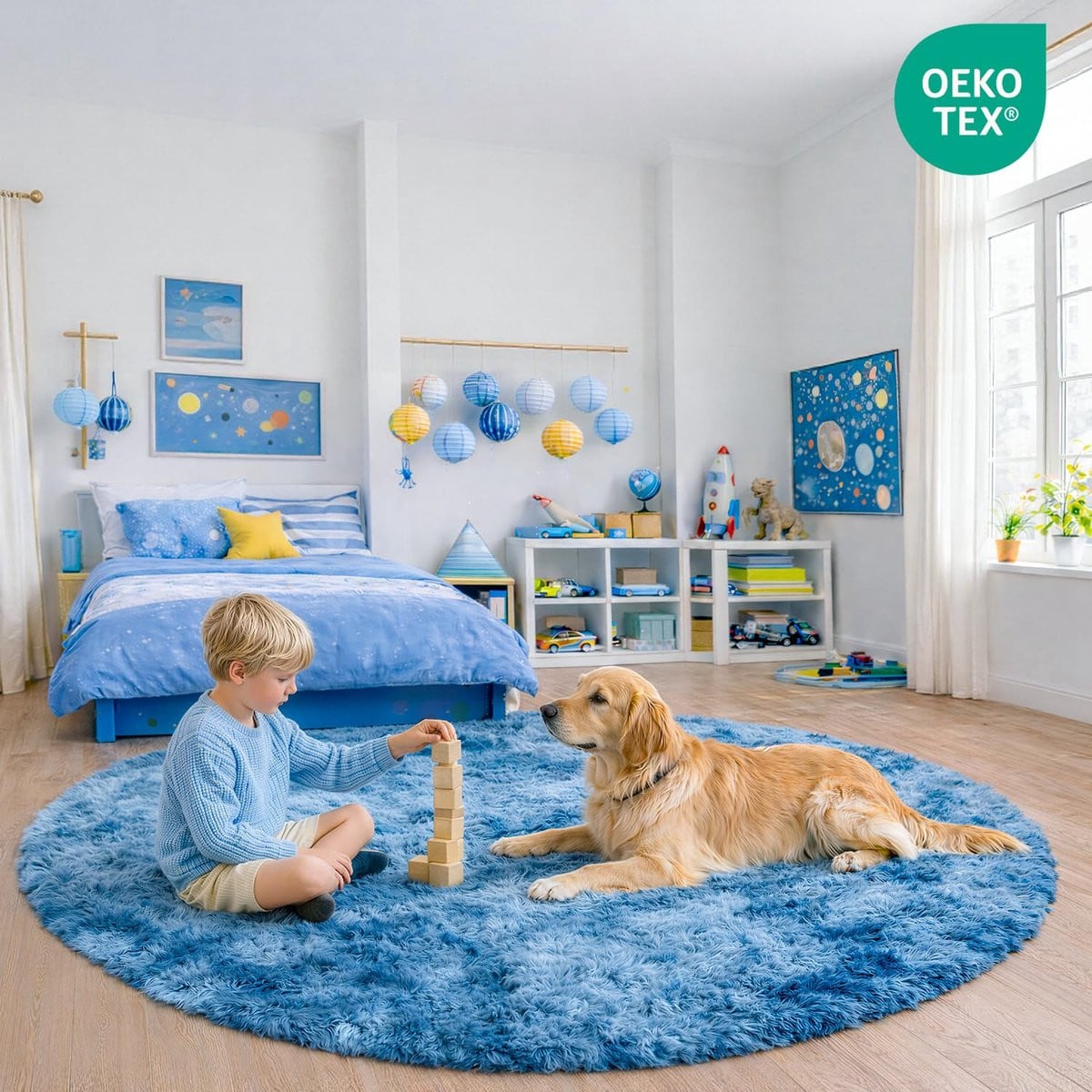 ShopVlot Vloerkleed rond - Pauwblauw - Hoogpolig - Wasbaar en antislip