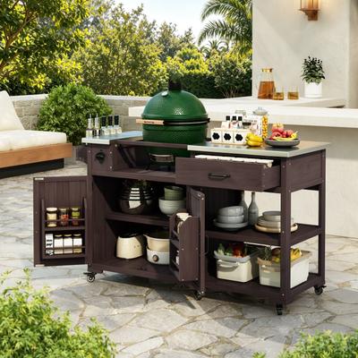 Kodotan sofa "55.4"" Outdoor Solid Wood Kitchen Cart, Stainless Top Grill Cart, Kitchen Island with Spice Rack, Drawer, Adjustable Shelves"