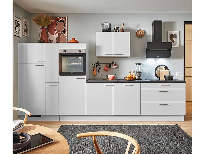 Autarke Küchenzeile Kühl+Apotheker 340cm Ausrichtung links Grau/Hellgrau