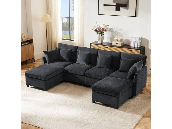 Canapé d'angle modulable en U Canapé panoramique 4 places chenille avec 2 poufs 6 coussins - gris