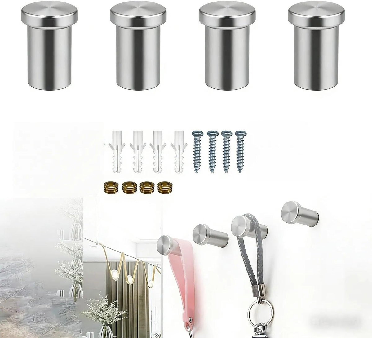Set van 4 roestvrijstalen handdoekhaken voor badkamer en keuken, 36 mm