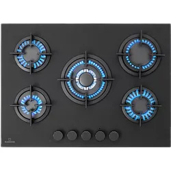 Firetale Gaskochfeld 5-flammig 70 cm Aluminium-Brenner inkl. Schlauch und Druckminderer Schwarz 5 Brenner