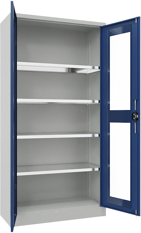 Flügeltürschrank mit Sichtfenster, 4 Fachböden, Höhe 1950 mm, HxBxT 1950 x 1000 x 400 mm, Tür enzianblau Pavoy