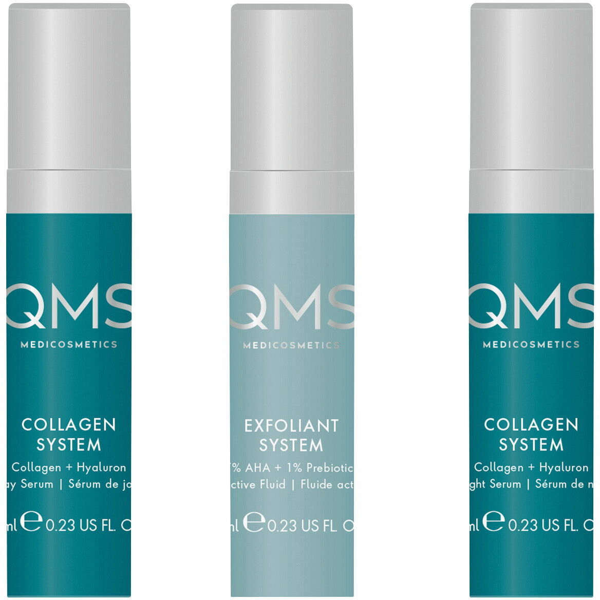 21ml QMS Collagen + Exfoliant Set Medium (Day Serum 7ml + Fluid 7ml + Night Serum 7ml)