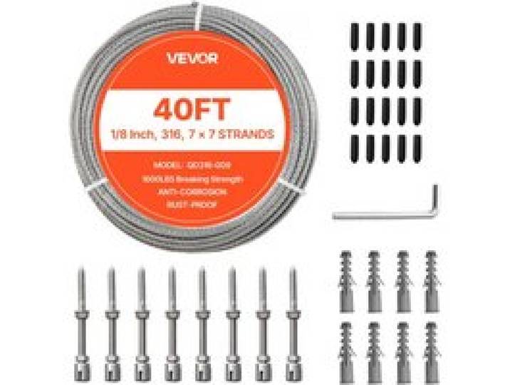 VEVOR Câble Acier Inoxydable 3,2 mm x 12,2 m Cable Inox 316 Kit Fil Tressé Inox pour Garde-corps de Terrasse, Treillis Jardin, Suspension Guirlandes Lumineuses, Résistance à Rupture 7,1 kN, 7x7 Brins