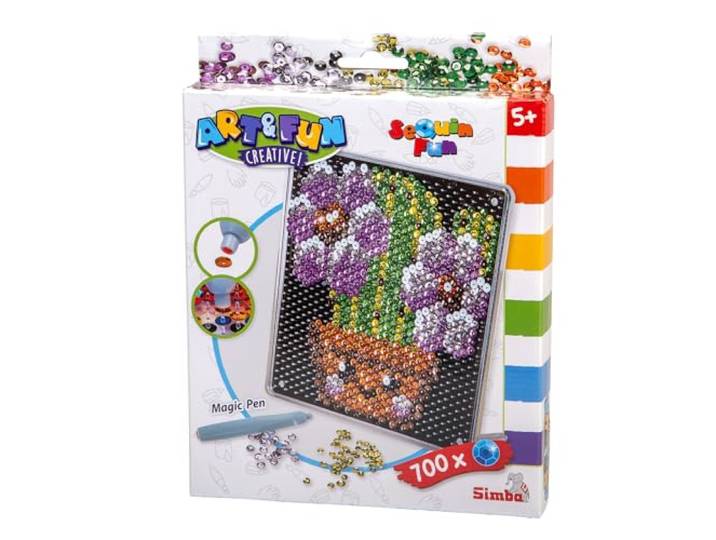Simba Art & Fun Sequin Fun Kaktus – Bastelset mit 700 Glitzerpailletten, Motivplatte 18x18 cm, inkl. Steckstift, kreatives Mosaikbild für Kinder ab 5 Jahren