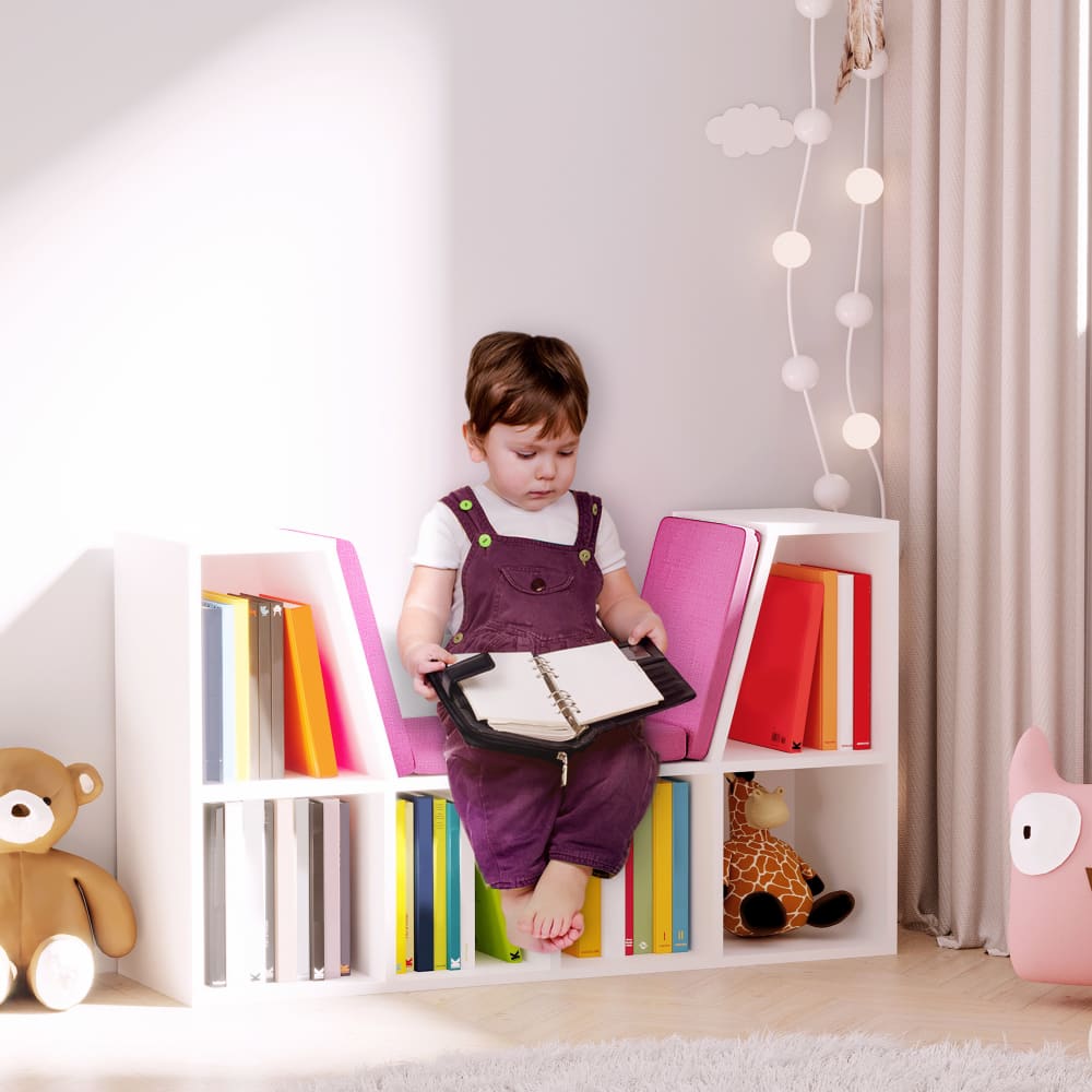 Homcom Bibliothèque banc 2 en 1 - 6 casiers coussins inclus Rose 102x61x30cm