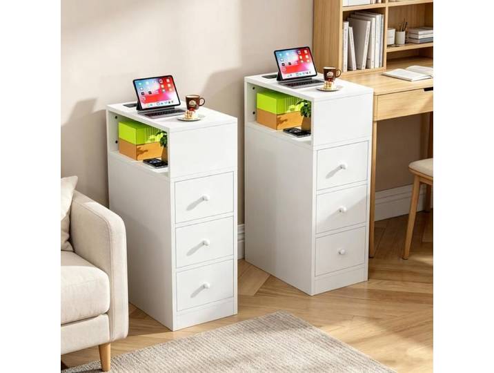 Lot de 2 Table de Chevet Blanche Style Scandinave - LVHCMFOHM - 1 Compartiments Ouverts+3 Tiroirs - Design Étroite - 25x45x70cm