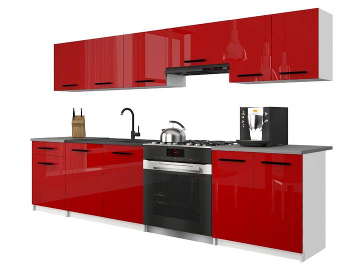 Belini Moderne Küchenzeile Küchenblock ITALIA 2 - Küchenmöbel 240cm Rot - Einbauküche mit Hängeschränke, Unterschränke & Arbeitsplatten