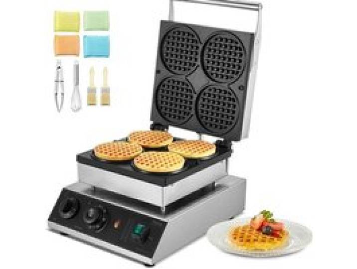 Gaufrier professionnel 1750 W 4 gaufres rondes inox antiadhésif contrôle température et temps pour restaurant snack-bar