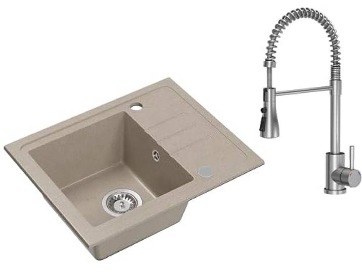 VBChome Spülbecken Granit Beige mit Inox Armatur 55 x 44 cm Einzelbecken Einbauspüle Gesprenkelt Reversibel Granitspüle Siphon