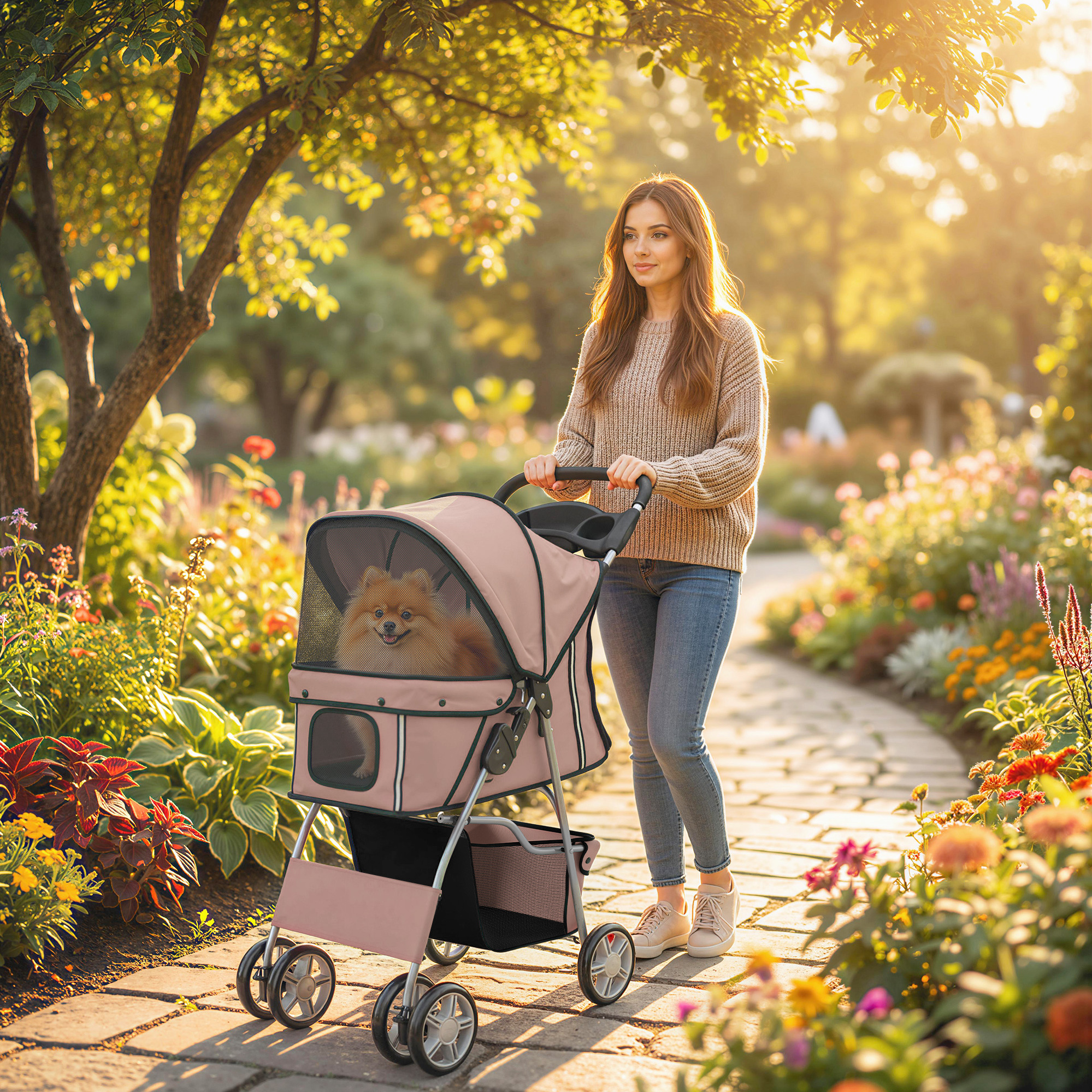 Pawhut Passeggino per Cani Pieghevole con Catarifrangenti, Ruote Girevoli, Freni e Cuscino Lavabile, Caffè   Aosom Italy