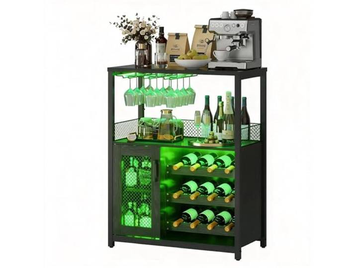 GarveeHome Weinschrank Industrial Mit Verstellbarem Weinregal Und Glashalter, Getränkeaufbewahrung Für Küche, Esszimmer Und Wohnzimmer, Schwarz, 69×35×92 cm