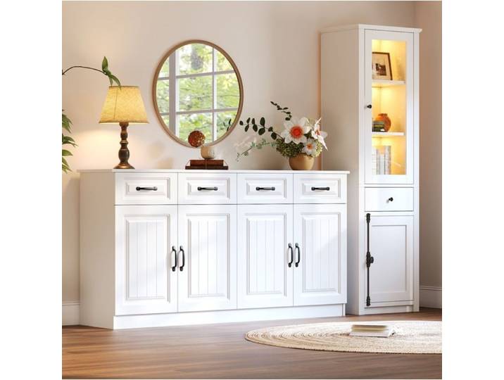 ULEVR Ensemble buffet de rangement et vitrine blanche en MDF 2 pièces portes vitrées LED USB