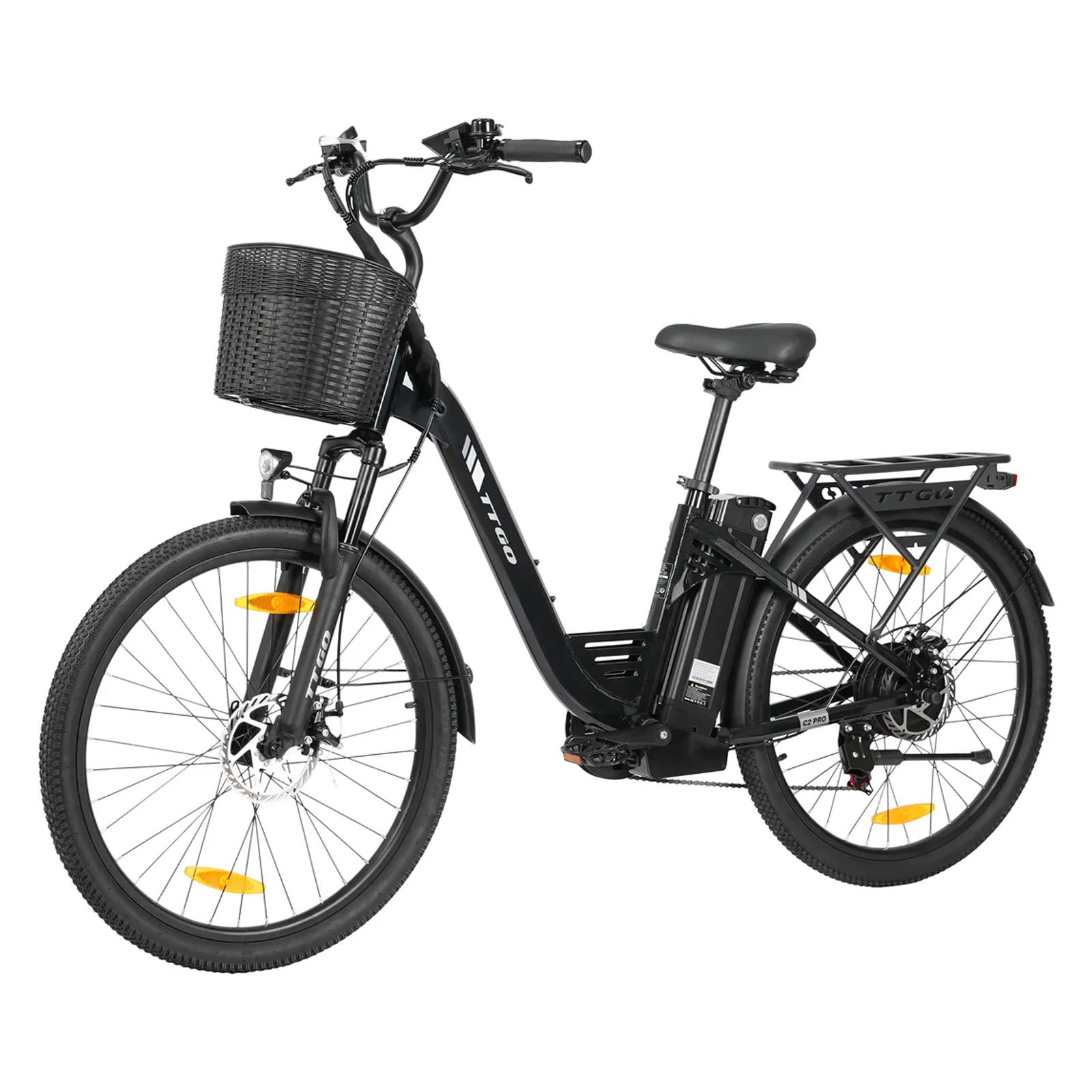 TTGO C2PRO 26" E-BIKE Aluminium-Rahmen 36V 18Ah Akku LCD-Display 80-120 km Reichweite Shimano 7-Gang-Schaltung Schwarz+Korb