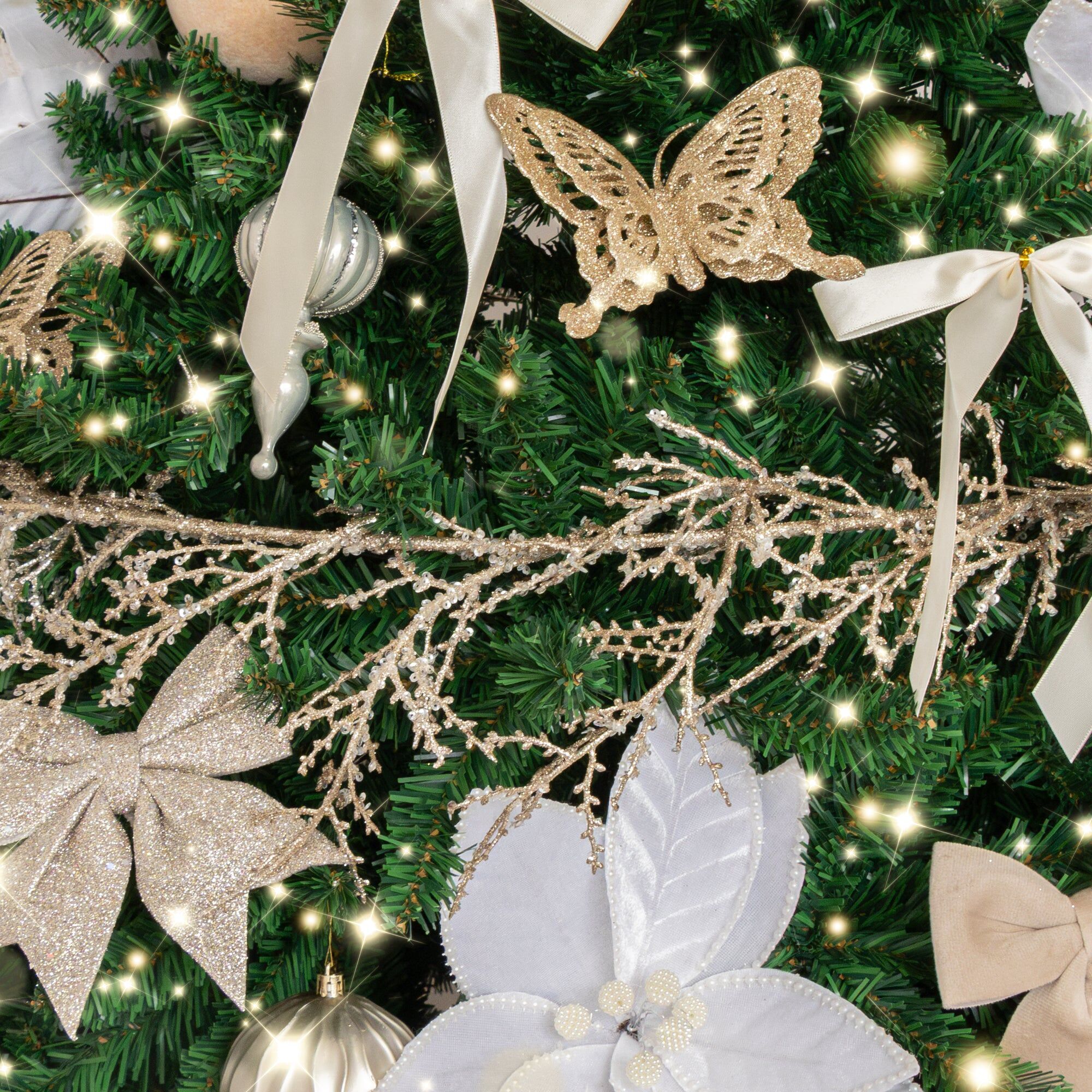 Champagne Glitter Frosted Foliage Christmas Garland - 140cm Wire, Glitter, Resin