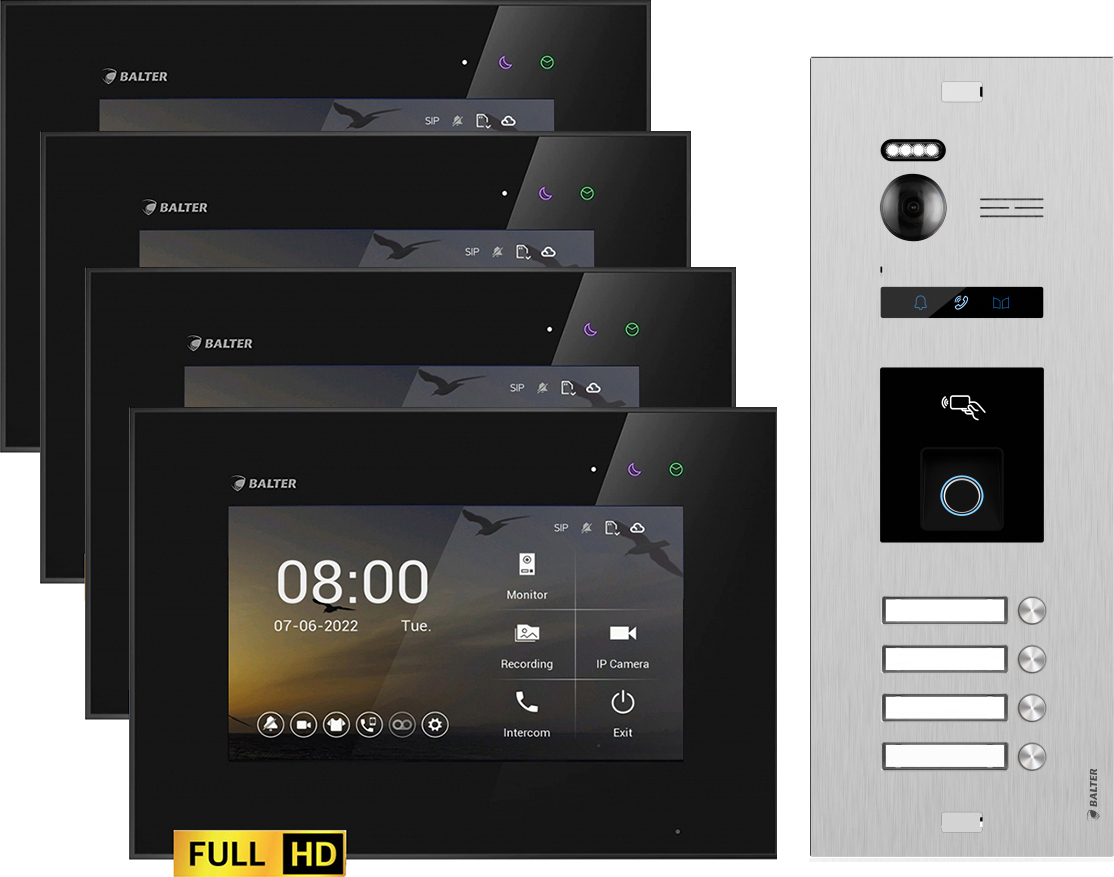 BALTER EVO HD Silber Video Türsprechanlage Fingerprint Set 4 Teilnehmer 4x7" Monitor Schwarz