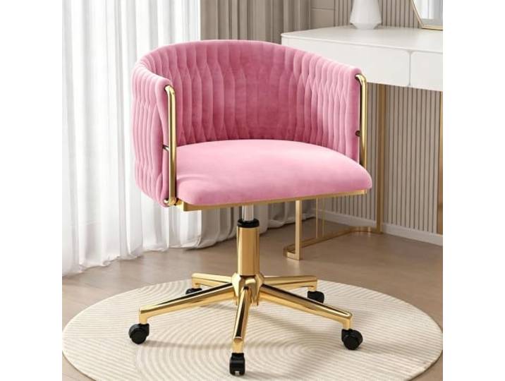 Verstellbarer Samt-Waschtischstuhl Mit Metallgestell, 360° Drehbar Ergonomischer Stuhl mit gebogener Rückenlehne, geeignet for Ankleiden, Büro und Maniküre(Gold Legs,Pink)
