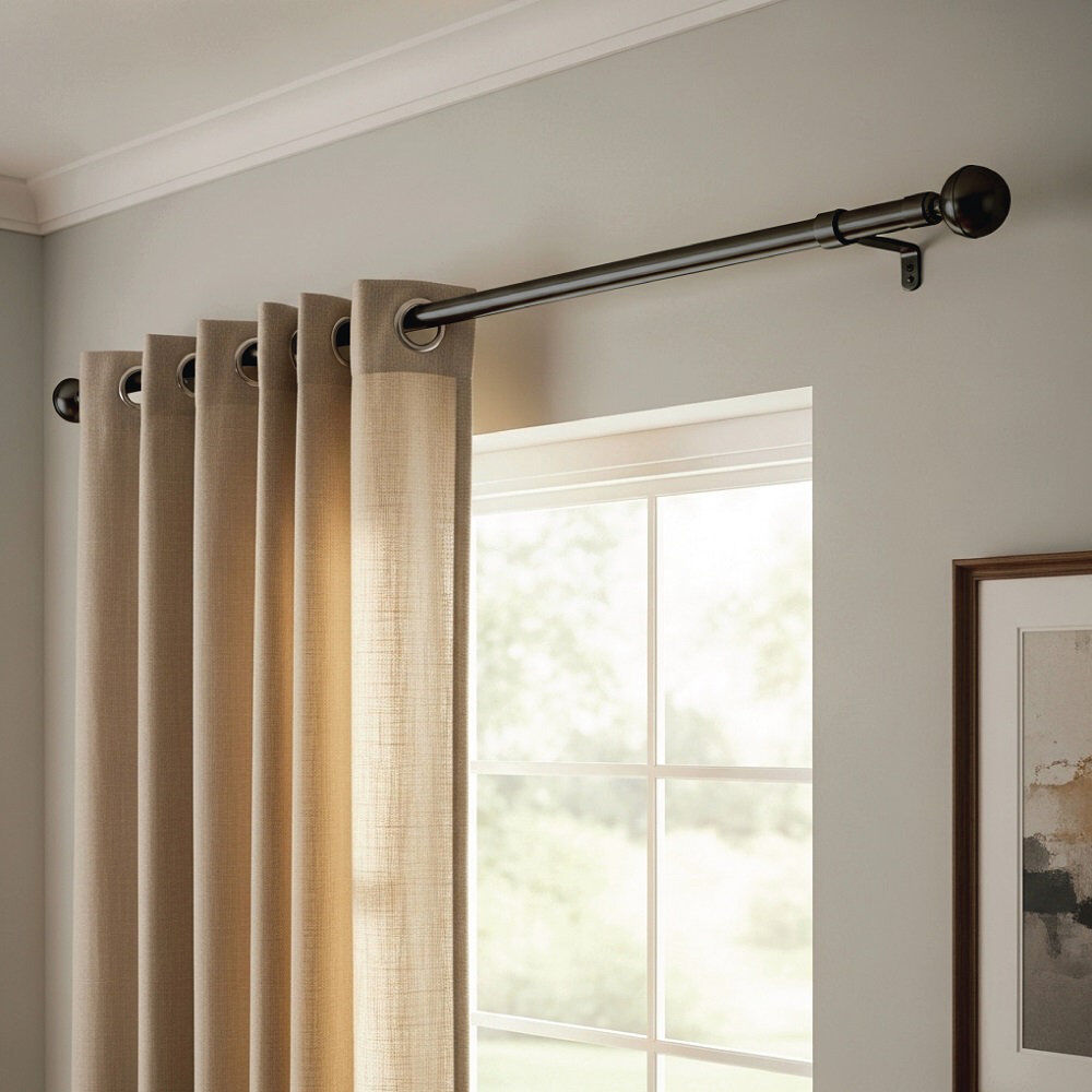 Symple Stuff Extendable Metal Curtain Pole, Adjustable Curtain Rod with Brass Finials & Rings Matte Black 120cm - 210cm