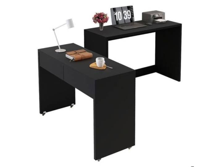 Bureau extensible polyvalent 2 en 1 étagère + commode fabrication bois épais 1 8 cm et roulettes ！ noir BUREAU