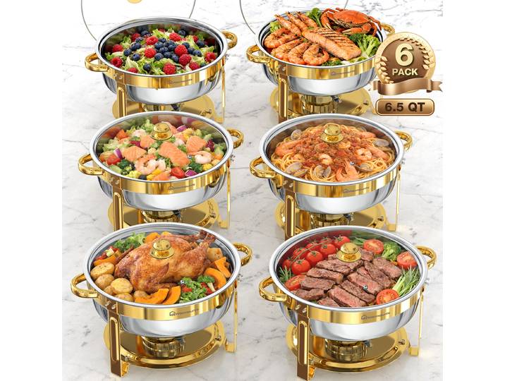 Plats de service ronds de 6,5 QT pour buffet, ensemble de chauffe-plats en acier inoxydable pour événements de restauration et fêtes