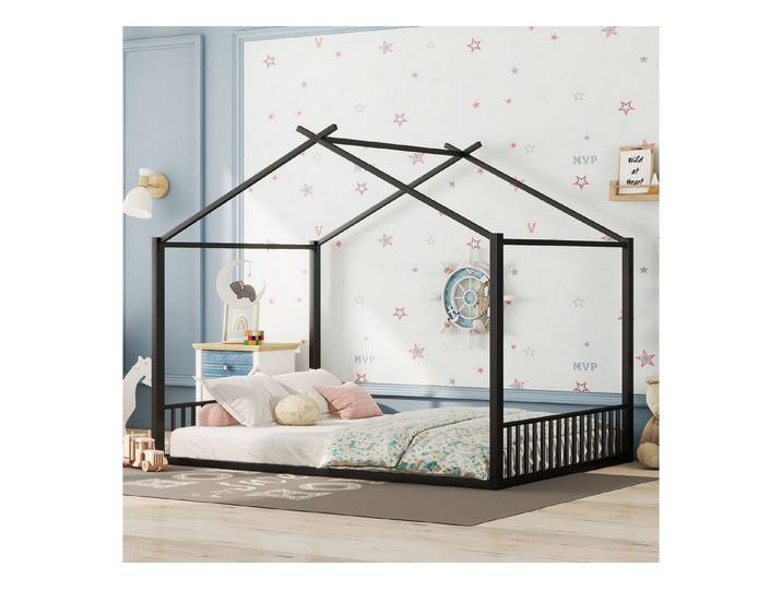 EXTSUD Kinderbett 140x200 cm Metallbett im Hausdesign, Lattenrost, schwarz