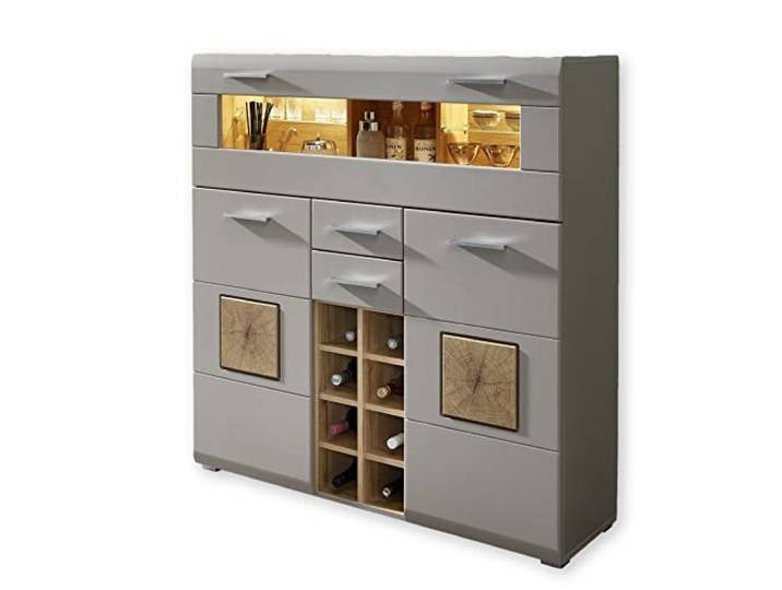 Stella Trading FUN PLUS 2 Barschrank in Basalt mit Hirnholz-Applikationen - Modernes Highboard mit LED-Beleuchtung - 120 x 129 x 37 cm (B/H/T)