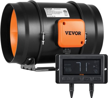 Vevor Inline Kanaalventilator, 8 inch, 807 CFM, met temperatuur- en vochtigheidsregelaar, stille EC-motor, zwart metalen uitvoering