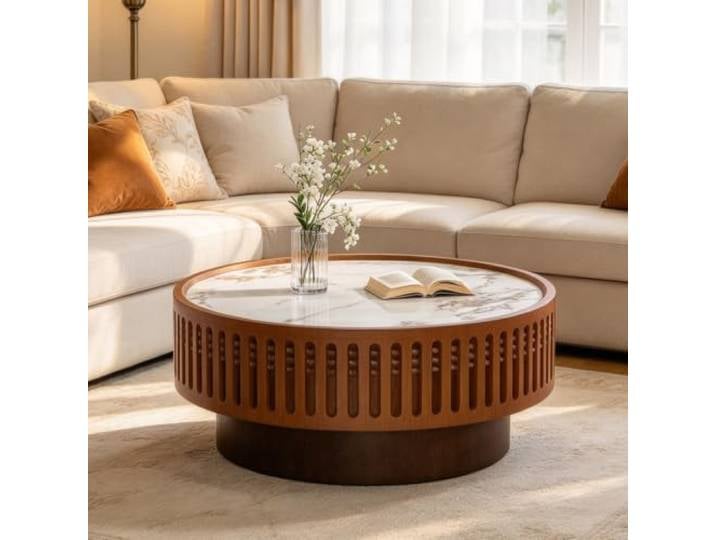LOVEHOUGES Runder, geriffelter Couchtisch mit Massivholzfurnier Handgefertigter, moderner Couchtisch in Trommelform – einfache Montage – ideal für Wohnzimmer, kleine Apartments
