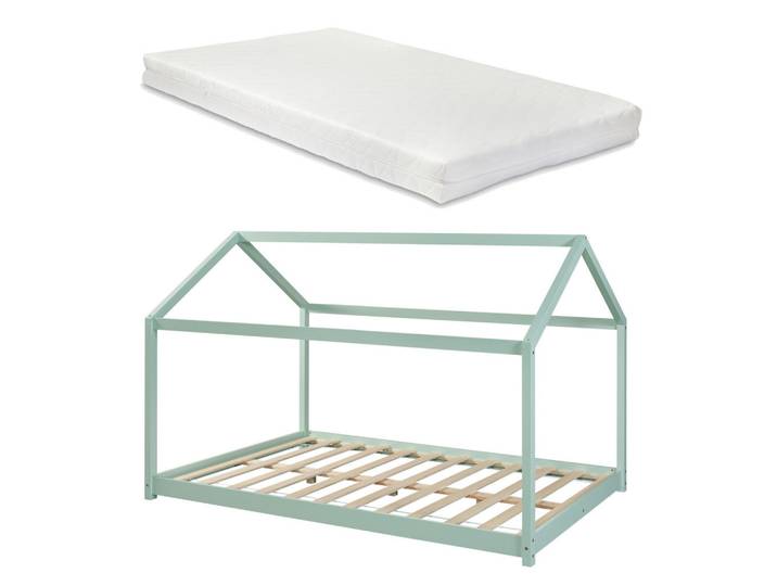 [en.casa] Hausbett Cerro mit Matratze, Mintgrün, Textil, Kiefer, 140x200 cm, Baby- und Kindermöbel, Kinderzimmer & Jugendzimmer, Kinderbetten, Hausbetten