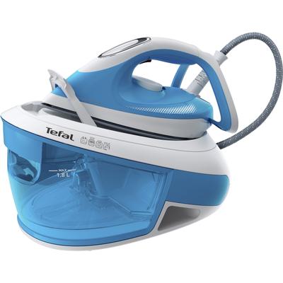TEFAL Dampfbügelstation "Tefal SV8002 Express Airglide", blau (blau, weiß), Dampfbügelstationen, hohe Gleitfähigkeit, CalcClear, Verriegelungssystem, Energiesparmodus