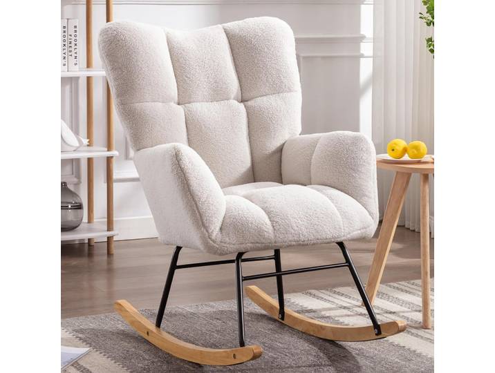 Chaise à bascule, chaise d'allaitement planeur rembourrée en peluche pour adultes, fauteuil à bascule confortable d'intérieur avec poche latérale pour le salon