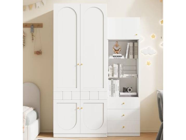Kinderkleiderschrank Set 2-Türig Lack Weiß, Schmal Hohe Bauweise 2-türiger Kleiderschrank mit Vitrine 80x50x200 & 50x40x180cm
