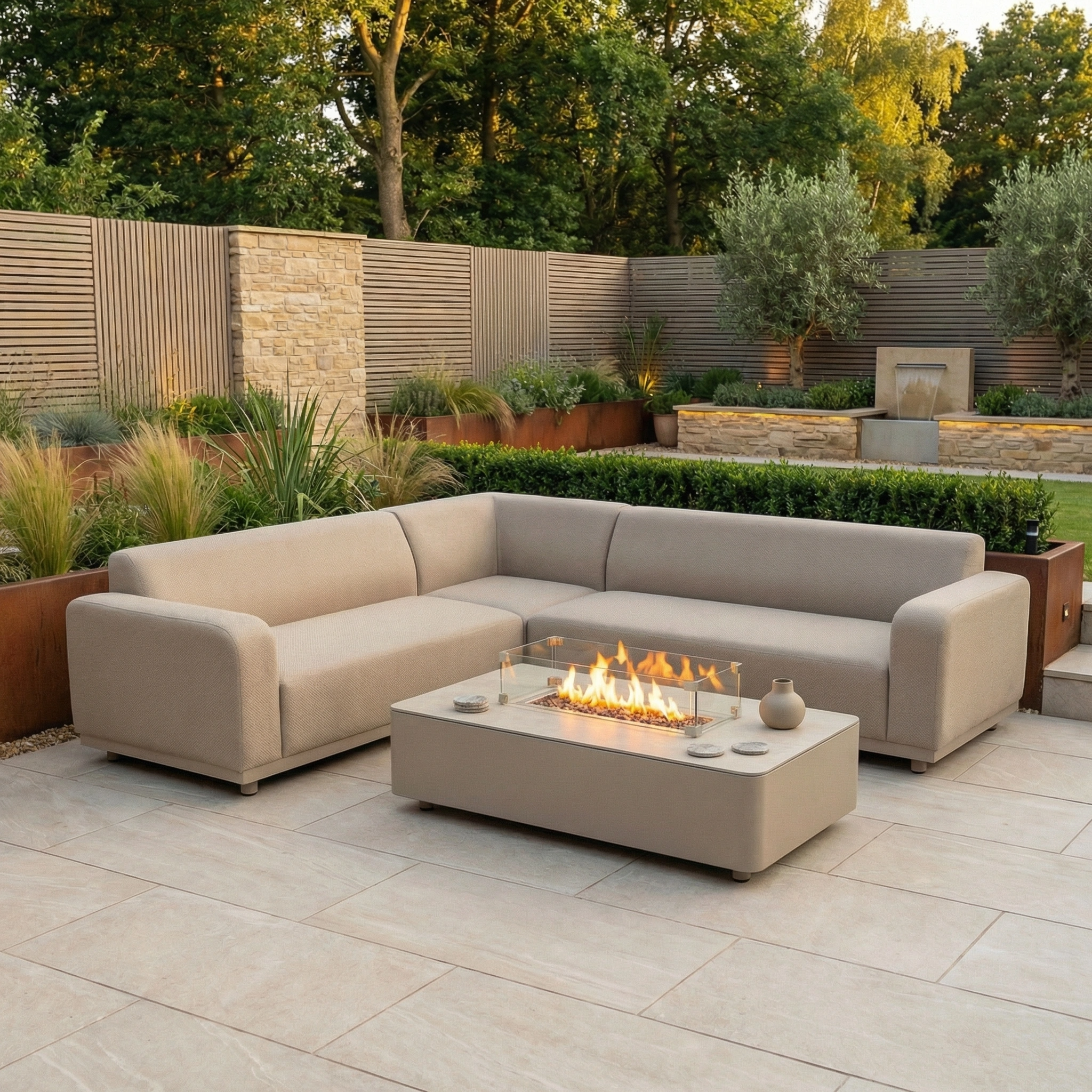 Harbour Lifestyle Luna Outdoor Fabric Corner Sofa Set with Firepit Coffee Table in Fawn