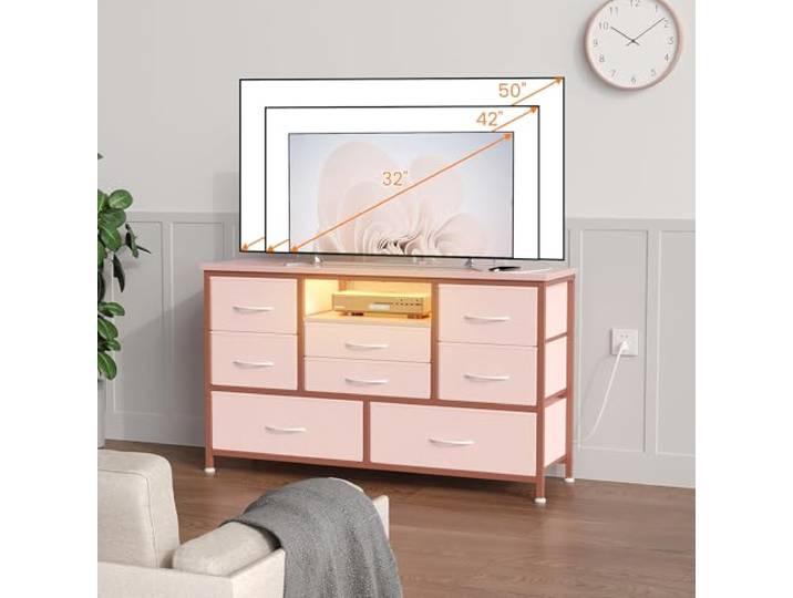 Garvee 8-Schubladen-Kommode mit LED-Beleuchtung, 3 Steckdosen & 2 USB-Ladestationen – Stabiles Metallgestell mit Holzplatte für Flur, Wohnzimmer & Schlafzimmer (Rosa)