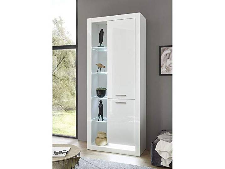 Lomadox Vitrinenschrank in Hochglanz weiß, Stauraumelement mit 2 Türen rechts montierbar, LED-Beleuchtung, B/H/T: 80/195/37cm